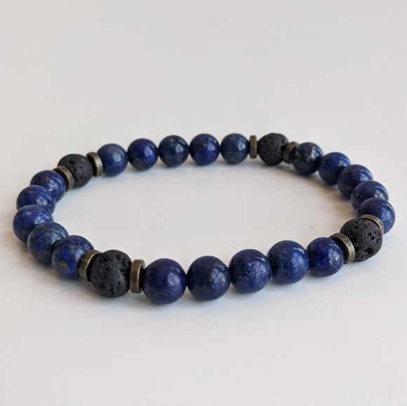 Lapis Lazuli and Lava Bead Stretch Bracelet - Picture 4 of 7